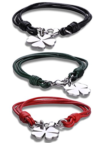 Yumilok 3 Unidades Pulseras Trebol de Cuatro Hojas, Pulsera Tejido de Cuero para Mujer, Hombre, Color de Negro/Verde/Rojo