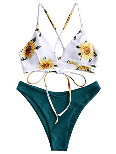 ZAFUL Conjunto de Bikini con Relleno Push Up Triangular Busto Ajustable con Tirantes Cruzados Traseros Estampado Talle Bajo (Margarita-Verde Oscuro, M)