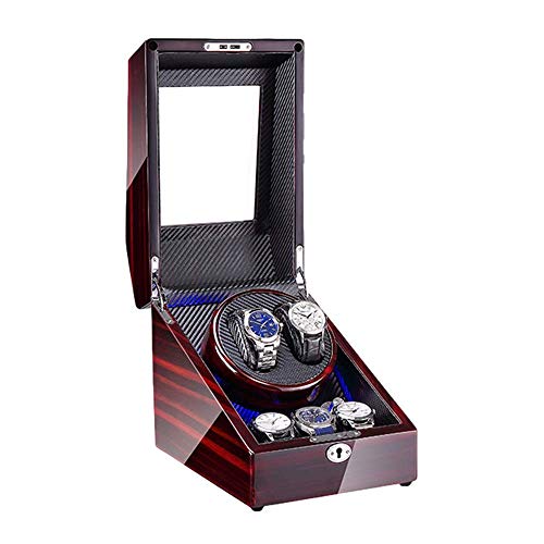 ZHTY Caja enrolladora de Reloj para 2 Relojes automáticos + 3 Espacios de Almacenamiento Acabado de Pintura de Piano con luz LED Azul Motor silencioso Cajas Giratorias para Relojes