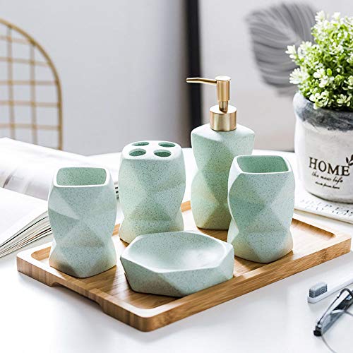 ZYQZXHN Juego De Accesorios De Baño Cerámica,Tocador De Baño Decoración Verde Sencilla Forma De Geometría Contienen 6 Piezas,Dispensador De Jabón De Tocador De Bambú Bandeja 2 Pcs, Secadora,Porta Cep