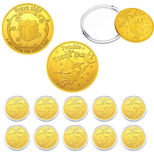 10 Monedas de Hada de Dientes de Dorado Moneda Conmemorativa de Recompensa de Dientes Perdidos sin Desvanecimiento con Caja Plastico para Niños Dientes Perdidos