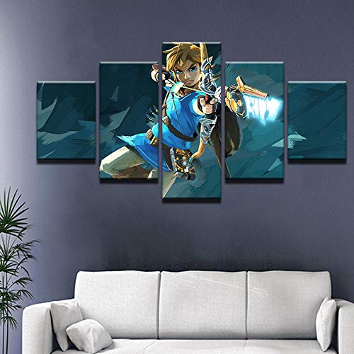 13Tdfc Cuadro En Lienzo, Imagen Impresión, Pintura Decoración, Canvas De 5 Pieza, 150X80 Cm,Juego Legend Zelda: Breath Wild Mural Moderno Decor Hogareña