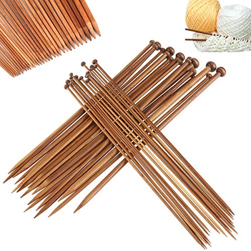 36 Piezas Agujas de Bambú, Agujas de Tejer Lana, Agujas de Punto de Madera Circulares Kit, 18 Pares Carbonizados Agujas para Tejer Suéter, 2 mm a 10 mm Largas