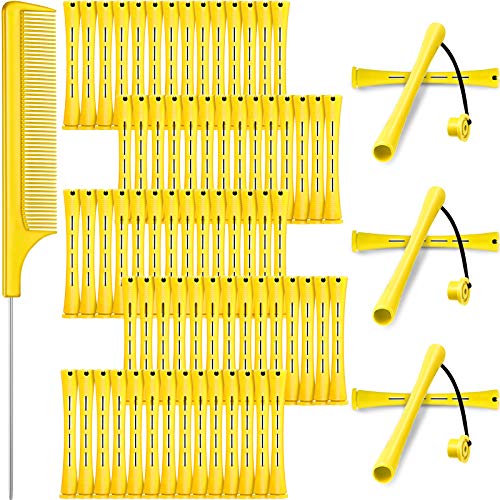 72 Barras de Permanente de Pelo Barras de Onda Fría Varillas de Permanente de Plástico Rulos de Pelo con Peines de Cola de Rata de Acero Inoxidable para Peluquería (0,28 Pulgada, Amarillo)