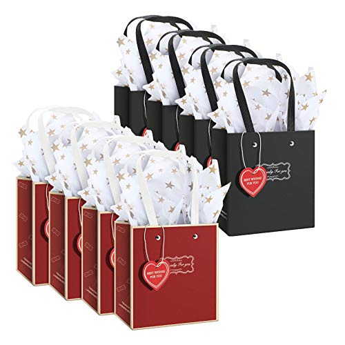 8 Bolsas de Papel en Rojo y Negro con Etiquetas en Forma de Corazón y 8 Papel de Envolver de Estrella para San Valentín Cumpleaños Boda Aniversario Fiesta