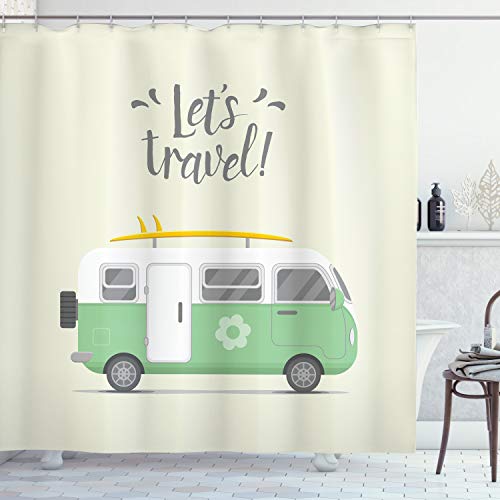 ABAKUHAUS Camper Cortina de Baño, Vamos a Viajar Mensaje, Material Resistente al Agua Durable Estampa Digital, 175 x 200 cm, Marfil pálido Amarillo Verde