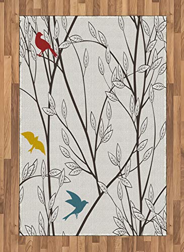 ABAKUHAUS Naturaleza Alfombra de Área, Aves Vida Salvaje Tipo Caricatura con Árbol Hoja Arte Estampa, Ideal para Sala de Estar o Comedor Resistente a Manchas, 120 x 180 cm, Mostaza