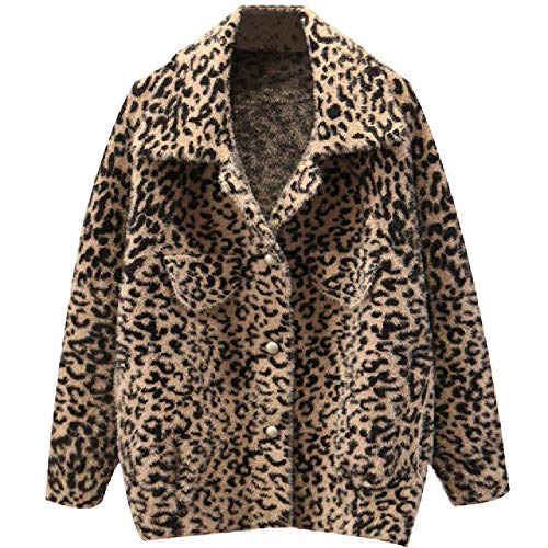 Abrigo de Lana de visón de Piel sintética para Mujer Chaqueta de Invierno Gruesa cálida Suave con Estampado de Leopardo de un Solo Pecho