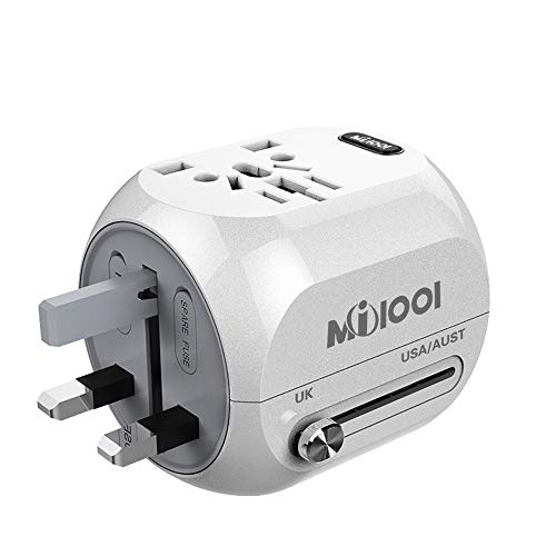 Adaptador Enchufe, Milool Cargador USB + Tipo-C Puertos, Adaptador de Viaje Multiple Universal Enchufe con Dos Seguridad de Fusibles para EEUU, AU, Asia, Estados Unidos más de 150 Países (Blanco)