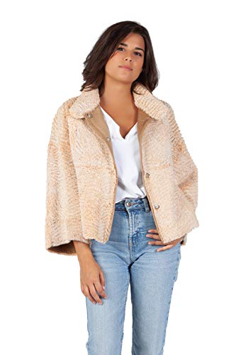 Akor Chaqueta Corta de Conejo rasado, Lana Tipo astracan Color Beige e Interior napado | Prenda Ligera Ideal otoño | Chaqueta Mujer confeccionada en España (42)