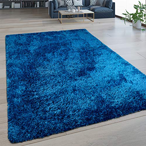 Alfombra De Salón Pelo Largo Lavable Shaggy Estilo Flokati Monocolor En Azul, tamaño:200x280 cm