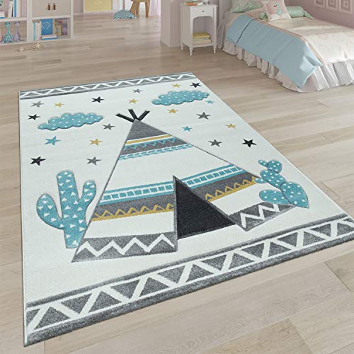 Alfombra Infantil, Habitación Infantil Colores Pastel, Motivo 3D Tipi Indio En Beige, tamaño:120x170 cm