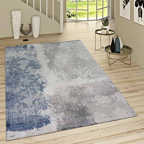 Alfombra Pelo Corto Denim Estampado Rococó Azul Vaquero Moderno Jaspeado Gris, tamaño:160x230 cm