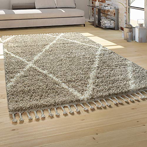 Alfombra Pelo Largo Shaggy Beige Salón Crema Suave Motivo Escandinavo con Flecos, tamaño:160x220 cm