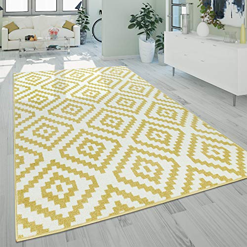 Alfombra Salón Pelo Corto Moderna Motivo Geométrico Étnico Amarillo Blanco, tamaño:160x220 cm