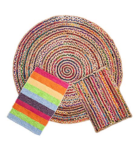 Alfombra Yute Multicolor Redonda (Ø 160 cm.) Pack alfombras de Yute Circular + Rectangular + Jarapa de la Alpujarra, Tejidas a Mano - Salón, Cocina, Dormitorio, Pasillo, jardín