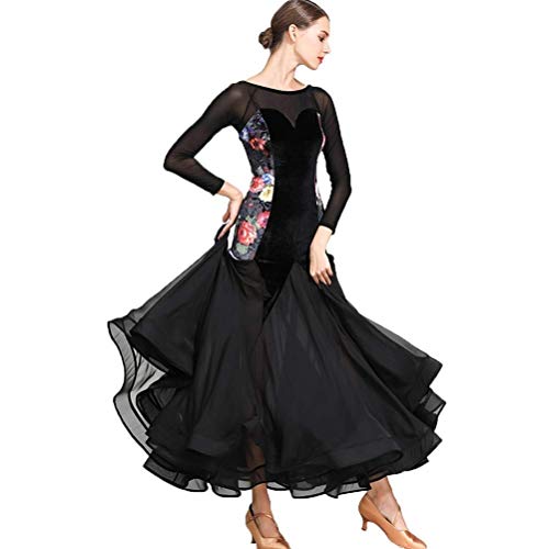 APcjerp Delgada en Forma de Malla Manga Larga Walz salón Competencia de Baile Vestido de la Falda de Terciopelo Moderno Traje Traje Social (Color : Black, Size : XXL)