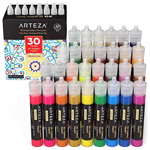 ARTEZA Pintura textil 3D | Juego de 30 tubos de 29 ml | Pinturas para tela | Colores fosforescentes, metálicos y brillantes | Ideales para pintar ropa, accesorios, cerámicas y vidrio