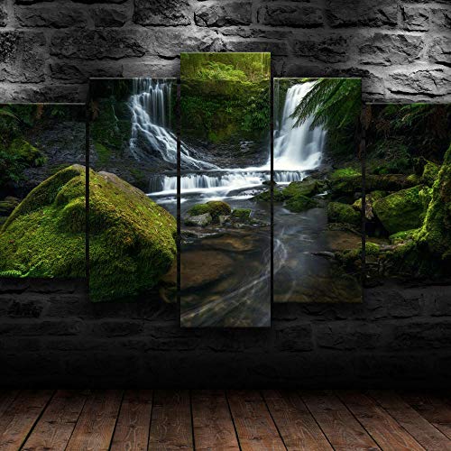 AWER Cuadro en Lienzo 5 Pieza impresión Lienzo artística Pintura Diseño Cuadro Moderno Pared gráfica Cascada paisaje rocas arte de pared para el hogar decoración Enmarcado