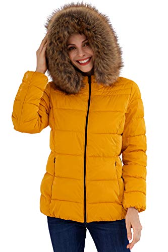 Bellivera Abrigo Acolchado Ultraligero para Mujer, Chaqueta metálica Brillante con Cuello de Piel Desmontable Abrigo abrigado Amarillo X-L