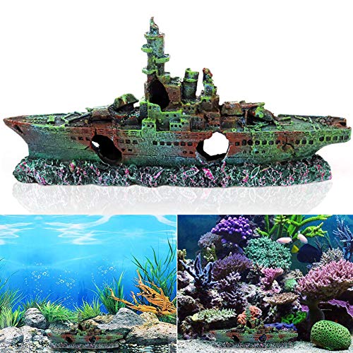 BETOY Acuario Barco Cueva, Decoración de Barco Hundido Material de Resina Acuario Partes Barco Decoración Ideal para Pequeños Peces Camarón Tortuga para Acuarios, Peceras,22x4x10cm