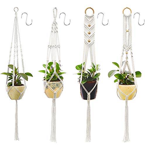 BEYAOBN 4pcs Macramé Planta,Colgante de Plantas Maceta Cuerda de Algodón Titular,Tejido Manual Cuerda para macetas con 4 Ganchos para Colgar Canasta para Jardín Decoraciones de Pared,Blanco