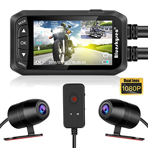 Blueskysea DashCam - Cámara de vídeo para moto 1080P, doble lente de 2,7 pulgadas, LCD delantero/trasero DVR impermeable con sensor G, grabación en bucle GPS, visión nocturna