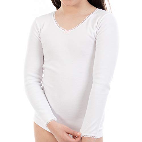 Camiseta Interior Termal de niña L144, de Manga Larga y Cuello Pico con puntilla. Pack Ahorro de 6 Unidades de la Misma Talla y Color. (4)