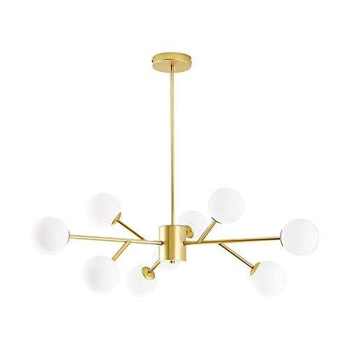 Candelabro moderno Sputnik, lámpara colgante ajustable de latón satinado de 9 luces, luz de techo/esfera de cristal, lámpara de techo Mid-Century con rama, dormitorio dorado de 9 cabezas