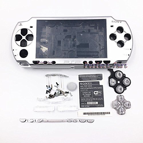 Carcasa completa de repuesto para Sony PSP 2000, 2001, 2002, 2003, 2004, con juego de botones (plata)