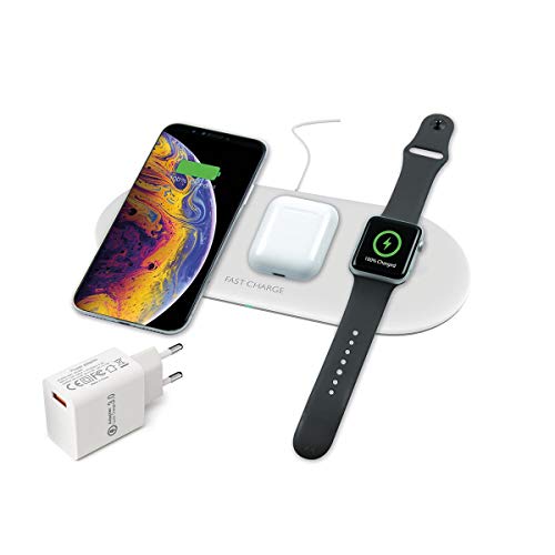 CARGAD. INALAMBRICO KSIX Station 3EN1 Smartphone, AIRPODS Y Apple Watch 7.5W-10W Blanco+CARG. QC3.0