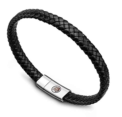 Casisto.J Pulsera Cuero Hombre - Pulsera Trenzada Hecha a Mano clásica en Negro y marrón con Cierre magnético Grabado Joyas Gratis en Caja (Negro, 19)