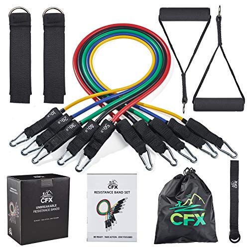 CFX Bandas Elásticas Fitness, 150lbs Bandas de Resistencia Set, 5 Tubos de Ejercicios, con Asas, Correas de Tobillo, Anclaje y Bolso, para Culturismo, Yoga, Hombre y Mujer