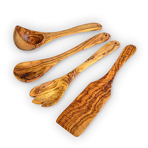 Darido Juego de utensilios de cocina - Cucharas de madera de olivo - Espátula, servidor de ensaladas, cucharón - Utensilios de cocina antiadherentes - Regalos para chefs y amantes de la comida