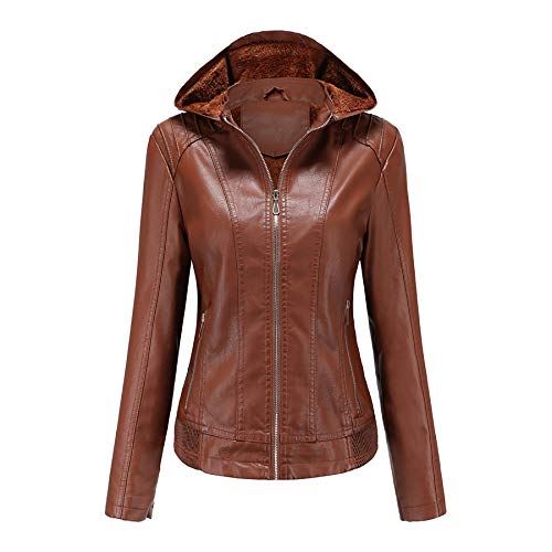 Derrick Aled(k) zhuke OtoñO Invierno Mujer Chaqueta De Cuero con Capucha Desmontable MáS Abrigo CáLido De Lana