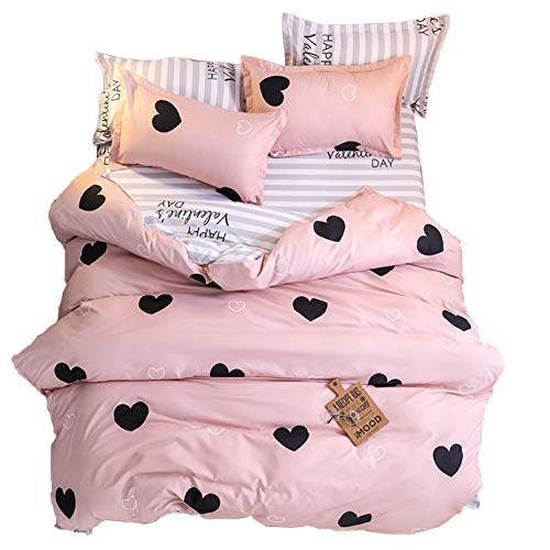 ED-Lumos Juego de Ropa de Cama ４Piezas para Cama 90cm Poliéster Funda nórdica 150x200cm Sábana encimera 200x230cm Funda de Almohada 48x74cm Poliéster Color melocotón con Corazón Negro