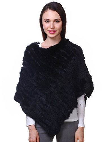 Ferand - Poncho de Punto de Auténtica Piel de Conejo Capa Chal para Mujeres - Negro