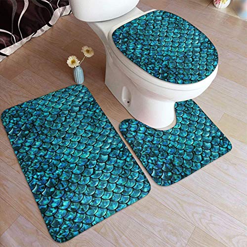 FETEAM Juego de Alfombrillas de Baño de 3 Piezas Escala de Cola de Sirena Colorida Antideslizantes Absorbente Alfombra de Contorno y Cubierta de Tapa