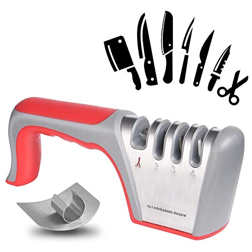 flintronic Afilador de Cuchillos, Afilador de Cuchillos Manual de 4 in 1, Base Antideslizante para Kinfe de Cocina, para Cuchillo Santoku, Cuchillo de Cocina, Tijeras (Incluye 1 Protector de Dedos)