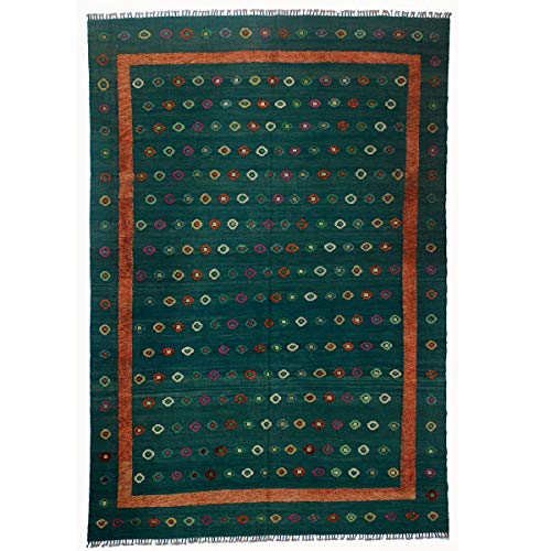 Fybernots – Alfombra Soumak Kilim verde mar | Alfombra oriental hecha a mano 100% lana – (13 x 10 pies)