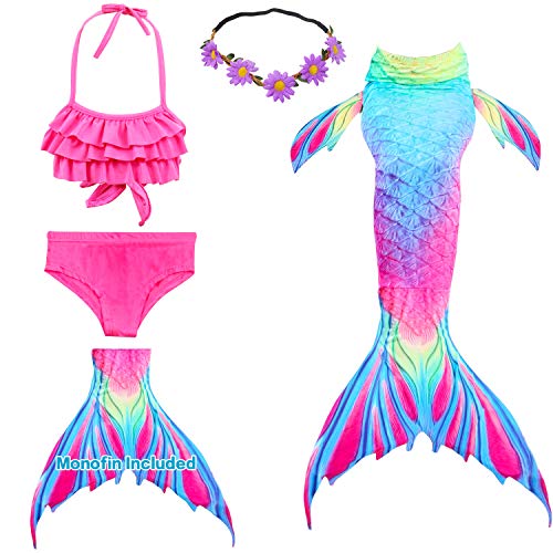 GALLDEALS Cola De Sirena con Monoaleta Disfraz Traje De Sirena con Aleta, 4pcs con Bikini Traje para Niña para Nadar