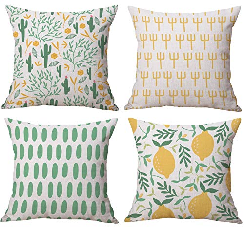 Gspirit 4 Pack Verano Cactus Limón Algodón Lino Throw Pillow Case Funda de Almohada para Cojín 45x45 cm