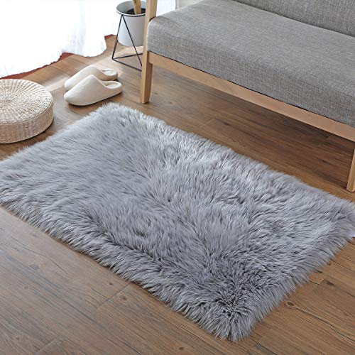 HLZDH Oveja de Piel sintética Felpudo Alfombra Antideslizante Lujosa Suave Lana Artificial Alfombra para salón Dormitorio baño sofá Silla cojín (150 X 50 CM, Rectangular Gris)