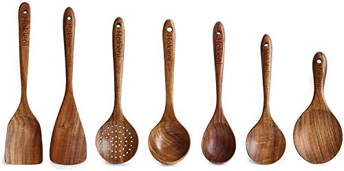 Hokieni 7 Piezas Utensilios Cocina de Madera, No Tóxicas Resistentes al Calor Utensilios de Cocina Antiadherente, Estilo japonés