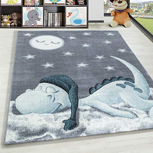 HomebyHome Alfombra Infantil Diseño de Estrella de Nube de Dinosaurio Habitación Infantil para bebé Gris Azul rectángulo Redonda, tamaño:120x170 cm, Color:Azul