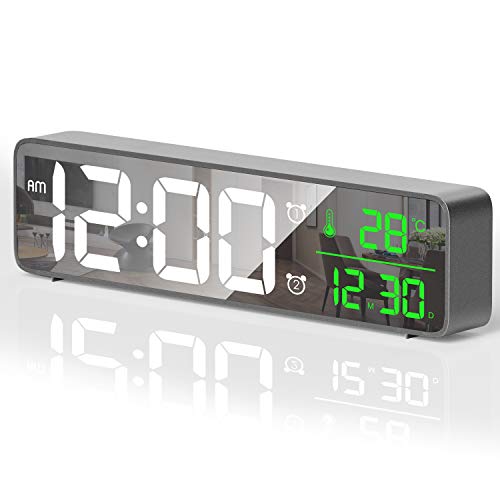 HOTERB Reloj Despertador Digital,Despertadores Digitales LED con 40 Melodias,2 Alarma,Temperatura y Hora,Digitos Grandes Reloj Digital Sobremesa Pantalla de Espejo para Dormitorio,Mesita(Gris)