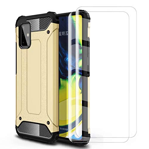 HUUH Funda + 2 Pack Vidrio Templado Película Protectora Adecuado para Samsung Galaxy A71 5G,Robusto y Duradero,airbag de Cuatro Esquinas,Caja del teléfono Anti-caída(Oro)