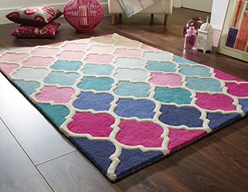 Ilusión Rosella de grosor Tejido a mano 100% lana patrón marroquí rosa azul alfombra en 3 tamaños, lana, azul, 80 x 150 cm (2'6'' x 5')