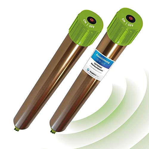 ISOTRONIC® Ahuyentador de topos, Efectivas vibraciones por ultrasonido contra ratón, rata, hormiga, topillo, serpiente - Repelente de alta frecuencia para exteriores - Paquete de 2 piezas