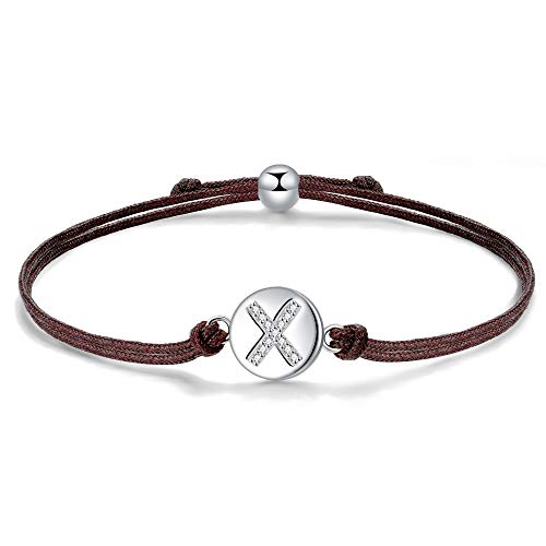 J.Endéar Pulsera Forma de Inicial X, Plata de Ley 925 Circonita Cúbica Pulseras Iniciales, Regalo de Amistad 24cm Trenzado Hecho a Mano Ajustable